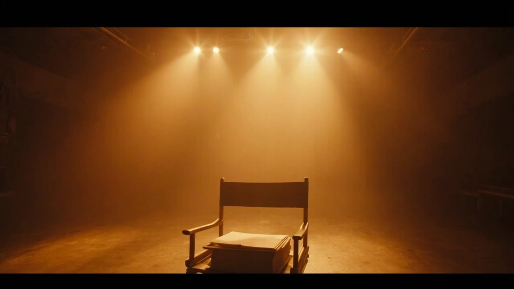 Empty Brooklyn film soundstage at golden hour with a director's chair and overhead rigging