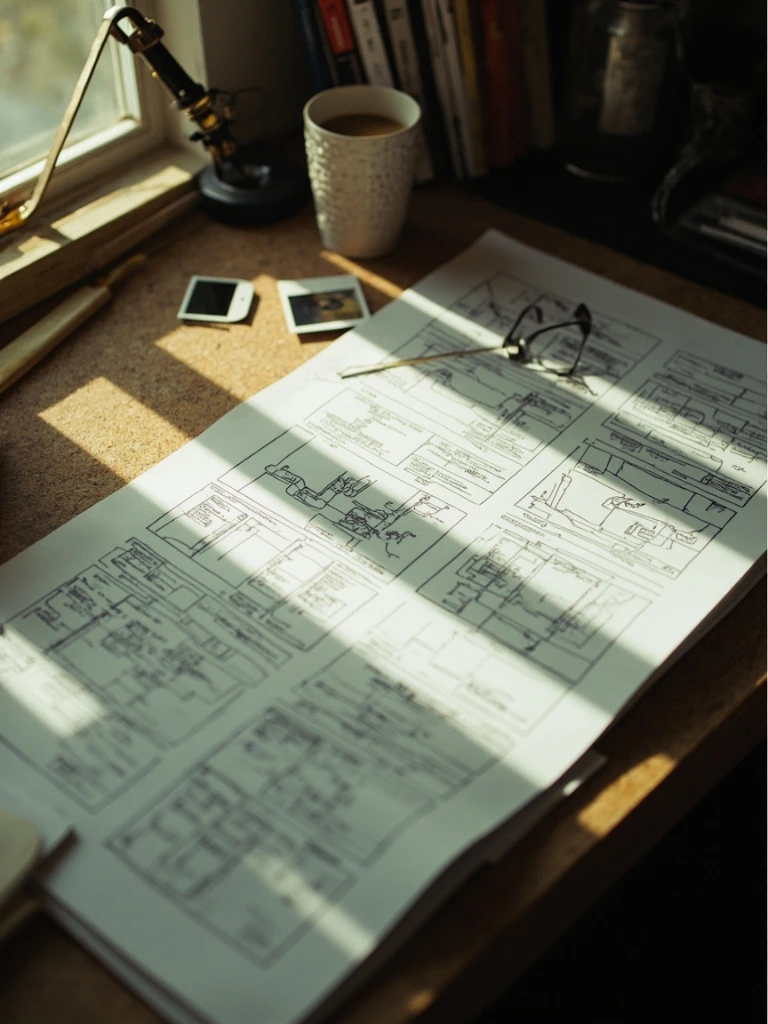 Creative brief and hand-drawn storyboard pinned to a corkboard, warm window light